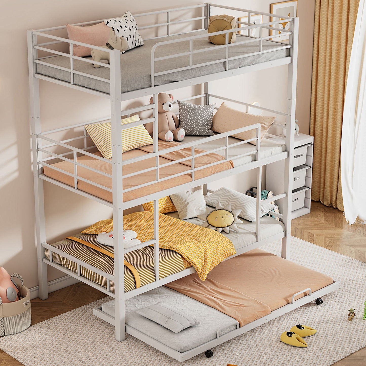 Triple bunk bed with trundle in white heavy-duty steel construction HouseOfZazla on Tampa Home & Garden Store