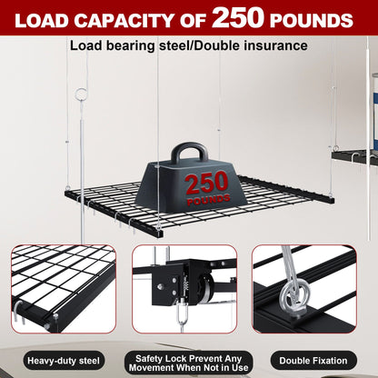 Overhead garage storage rack with crank lift, black metal shelf, 250 lb capacity, HouseOfZazla on Tampa Home & Garden Store