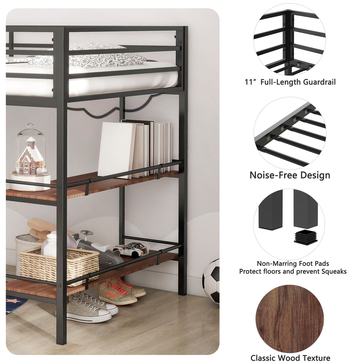 Adam Twin Loft Bunk Bed in black metal frame with cinnamon wood shelf and full-length guardrails on Tampa Home & Garden Store