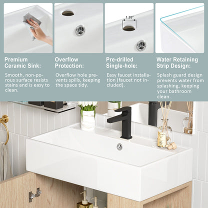 Bathroom vanity with white ceramic sink and black rectangular faucet, lower storage on Tampa Home & Garden Store
