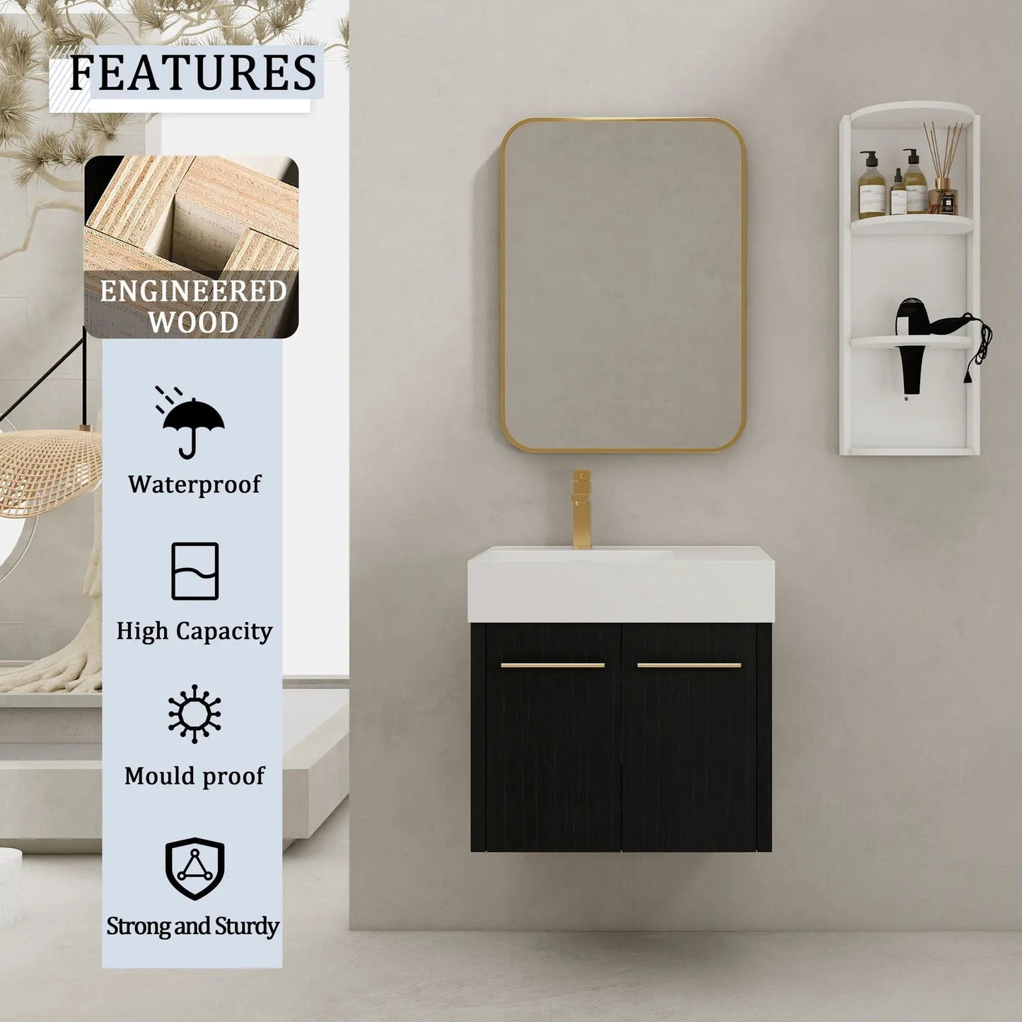 Modern Wall Mounted Vanity with Resin Sink Rack