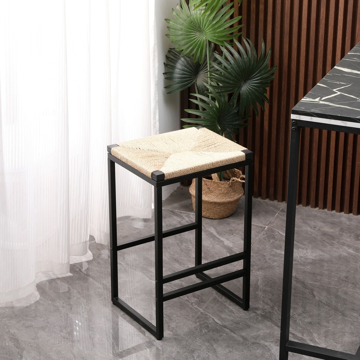 Boho style backless bar stools set of 2 with paper rope seats and black metal frames on Tampa Home & Garden Store