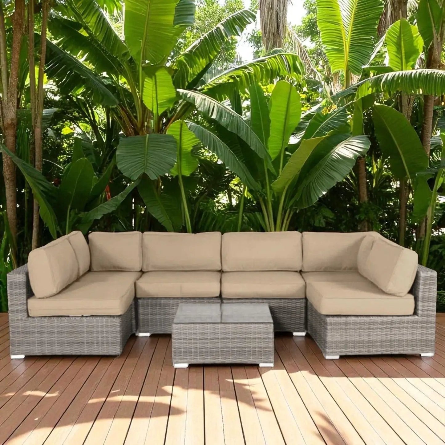 4 piece outdoor wicker seating set with beige cushions Unique Piece Furniture Store on Tampa Home & Garden Store