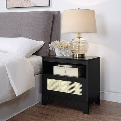 Modern Cane Accent Nightstand with 1 Drawer, black finish, by HouseOfZazla on Tampa Home & Garden Store