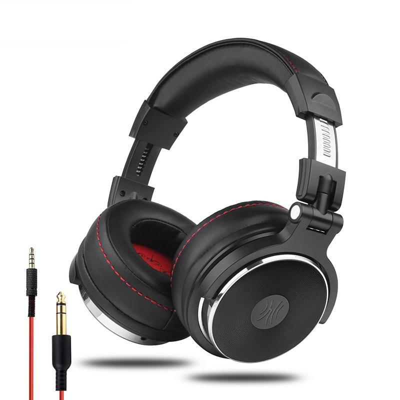 Stevvex wired over-ear DJ headphones with mic, black with red stitching, 3.5mm adapter on Tampa Home & Garden Store