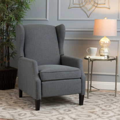 Westeros Wing Back Fabric Upholstered Recliner in grey fabric with nailhead trim on Tampa Home & Garden Store