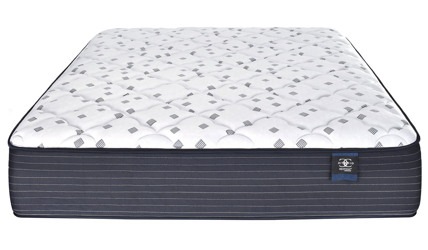 Restonic 11.5in ComfortCare hybrid plush mattress white quilt top navy sides on Tampa Home & Garden Store