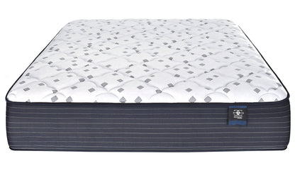 Restonic ComfortCare hybrid mattress, white quilted top with gray diamonds, navy base on Tampa Home & Garden Store