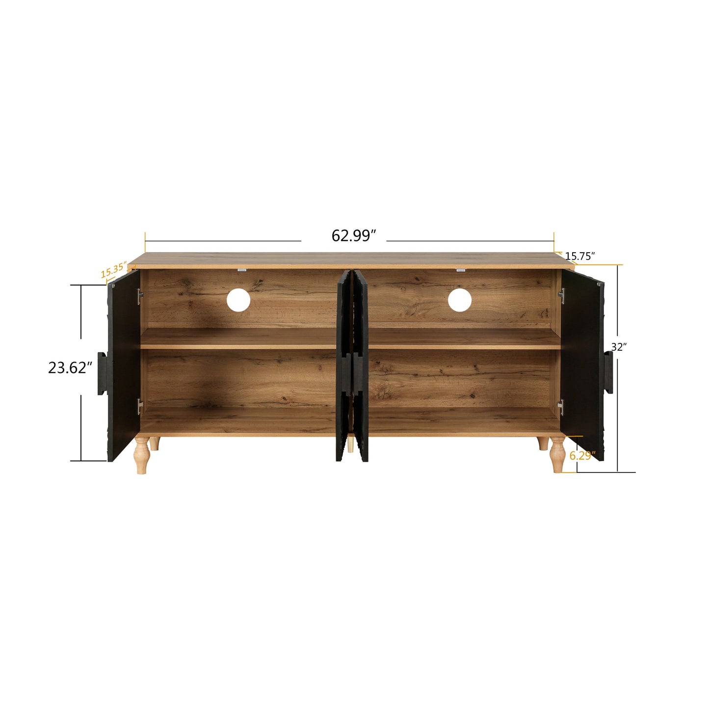 TV stand with black carved doors and natural wood frame on Tampa Home & Garden Store