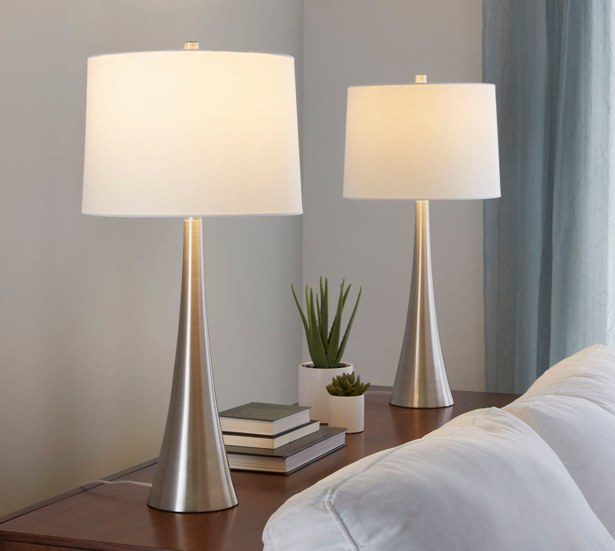 Diana contemporary lamp set (2) with white drum shades and brushed nickel bases HouseOfZazla on Tampa Home & Garden Store