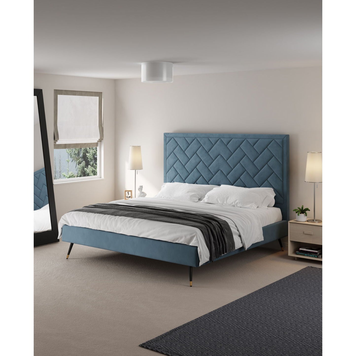 Crosby upholstered bed with blue chevron-tufted headboard and slatted base, white bedding on Tampa Home & Garden Store