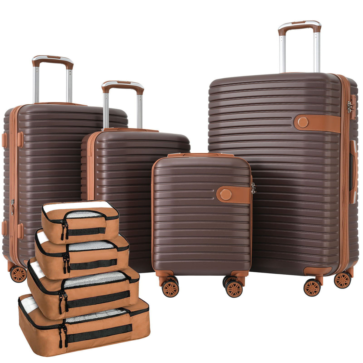 4-Piece hard-shell brown luggage set with tan accents and 4 packing cubes HouseOfZazla on Tampa Home & Garden Store