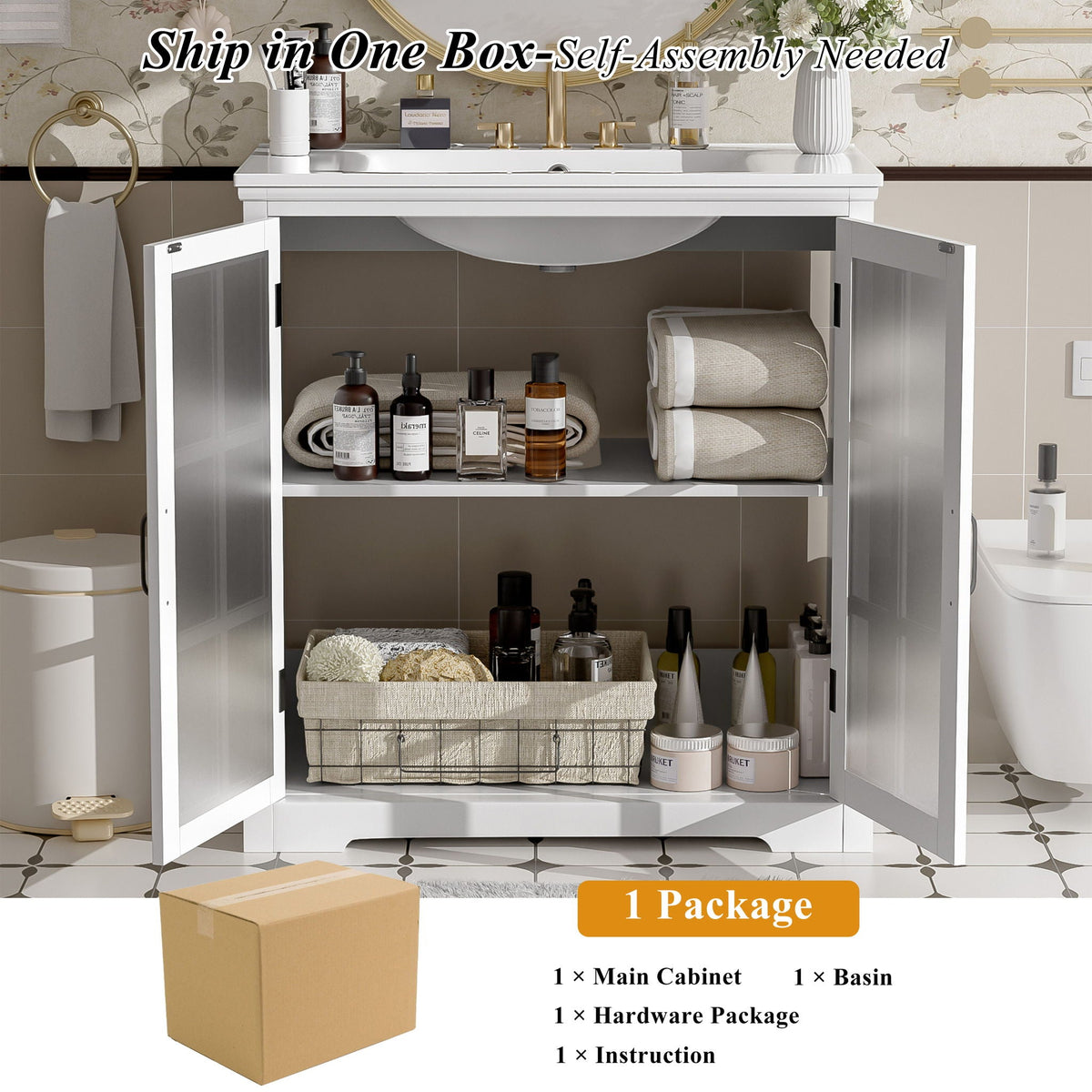Modern bathroom vanity with ceramic sink and tempered blurred glass doors, white cabinet on Tampa Home & Garden Store
