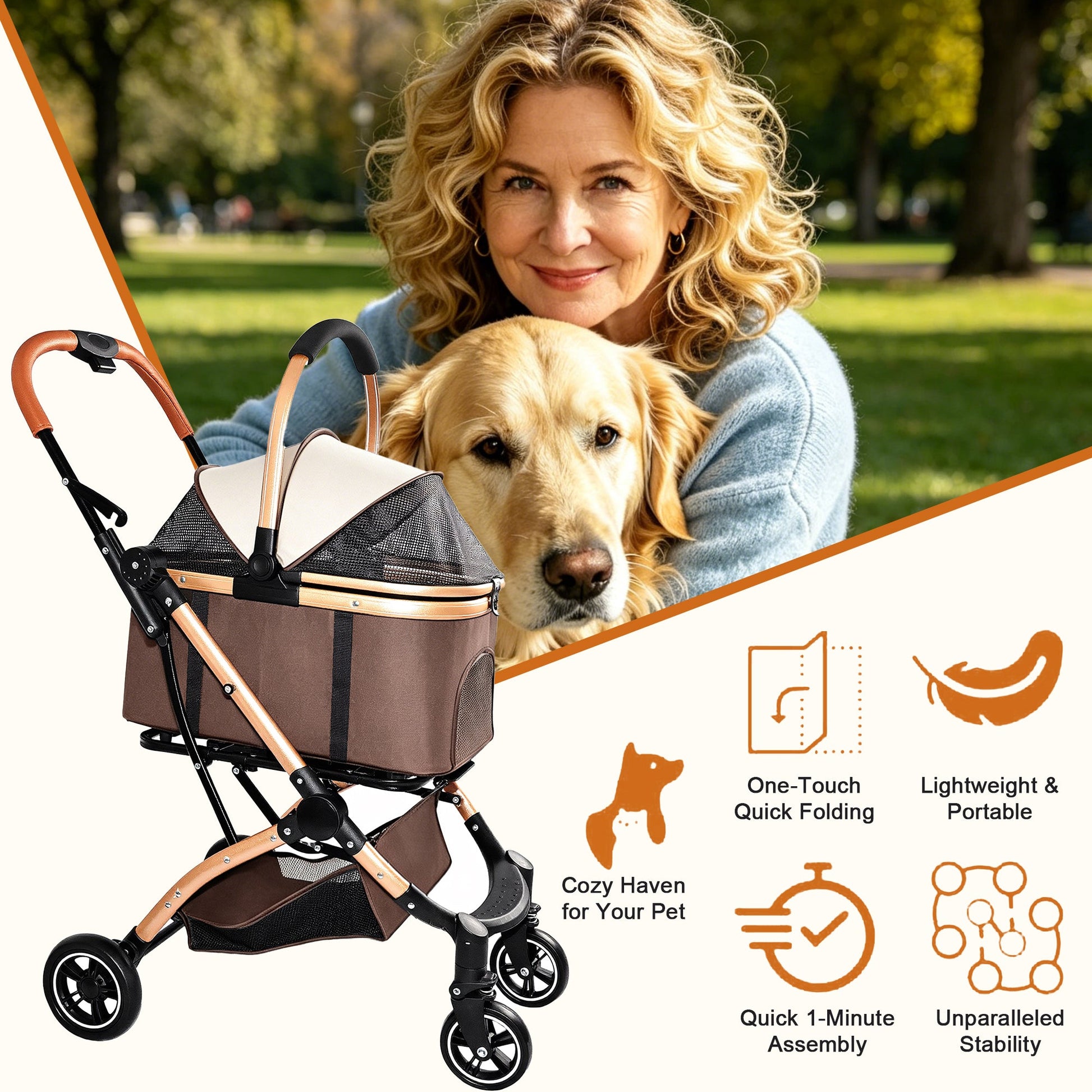 Pet stroller for dogs and cats with sun canopy, detachable foldable brown fabric and tan frame on Tampa Home & Garden Store