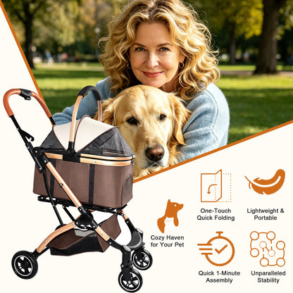 Pet stroller for dogs and cats with sun canopy, detachable foldable brown fabric and tan frame on Tampa Home & Garden Store