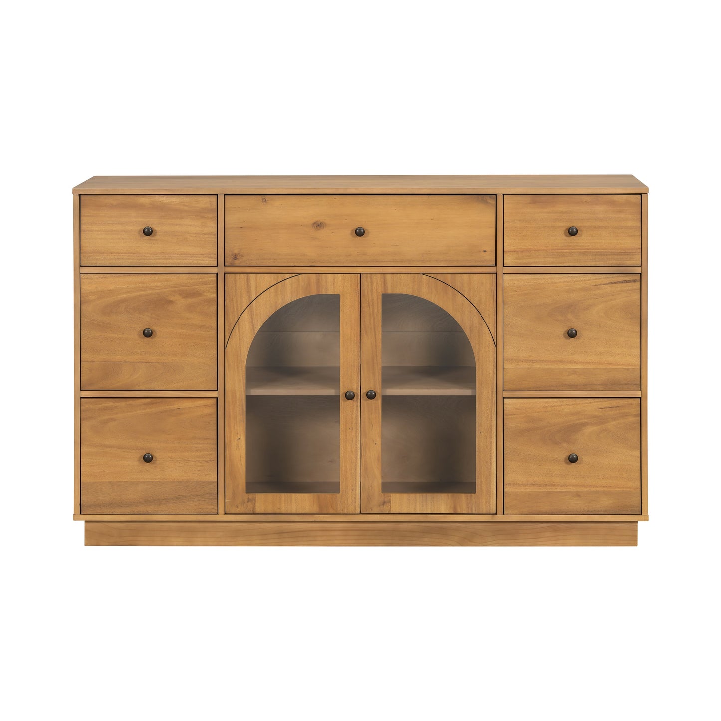 Buffet cabinet in honey wood with glass arched doors by HouseOfZazla for living and dining on Tampa Home & Garden Store