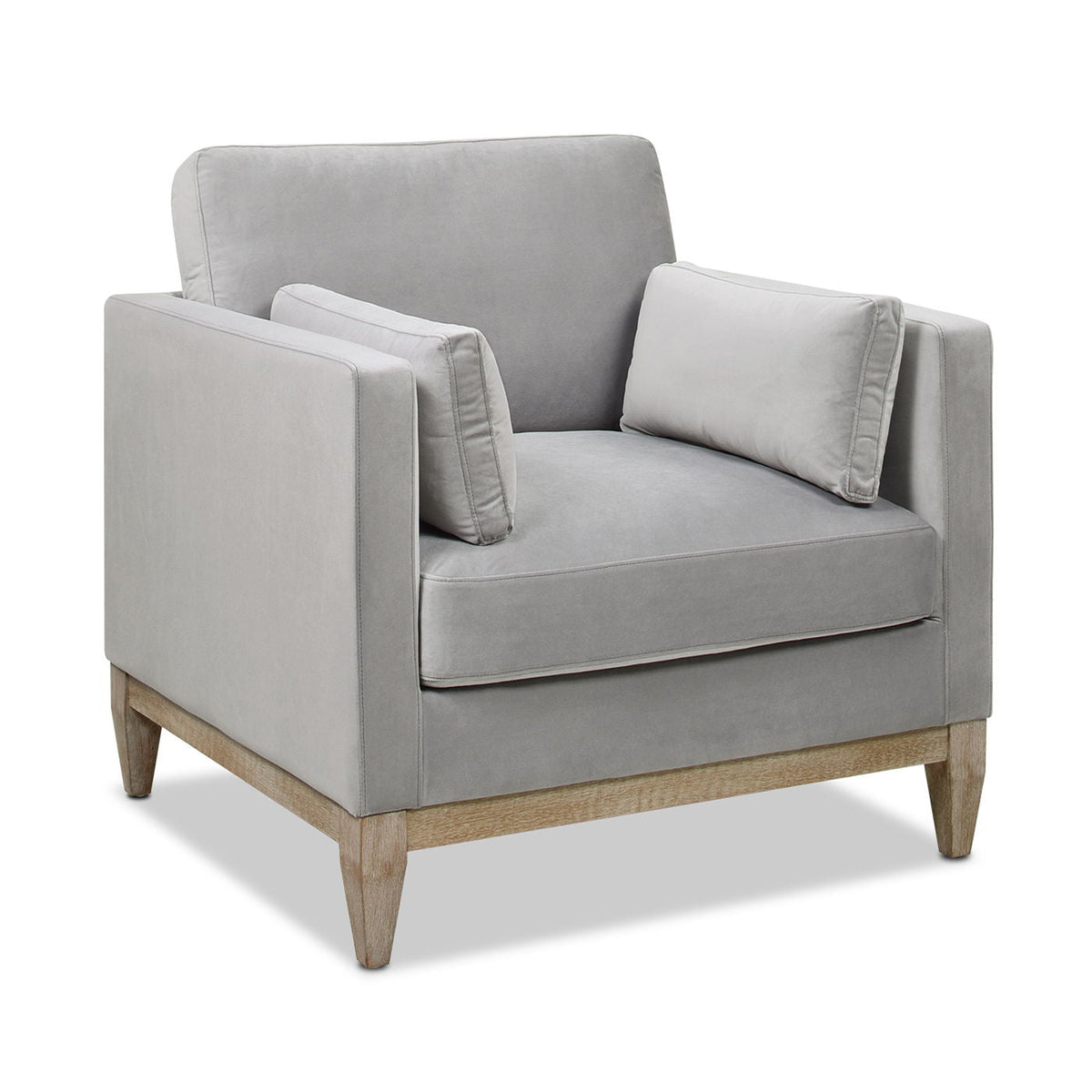 Modern Farmhouse Arm Chair in light gray fabric with reversible cushions and wood legs on Tampa Home & Garden Store