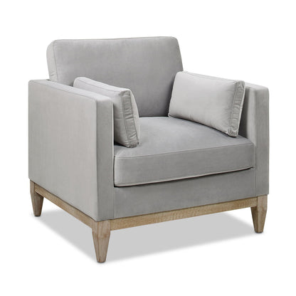 Modern Farmhouse Arm Chair in light gray fabric with reversible cushions and wood legs on Tampa Home & Garden Store