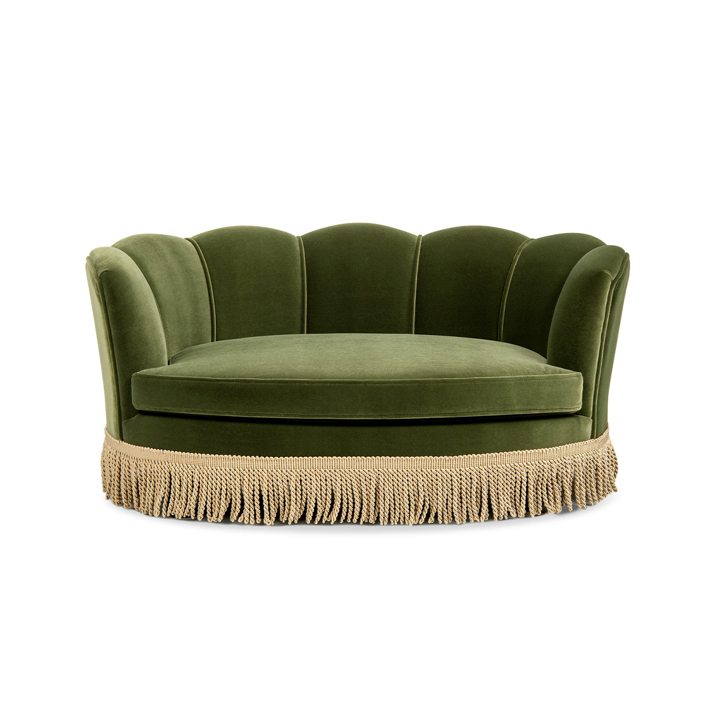Clara 34.5in scalloped olive velvet pet sofa bed, round with tassel fringe on Tampa Home & Garden Store