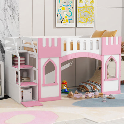 Loft bed with storage staircase and window panels in white and pink by HouseOfZazla on Tampa Home & Garden Store