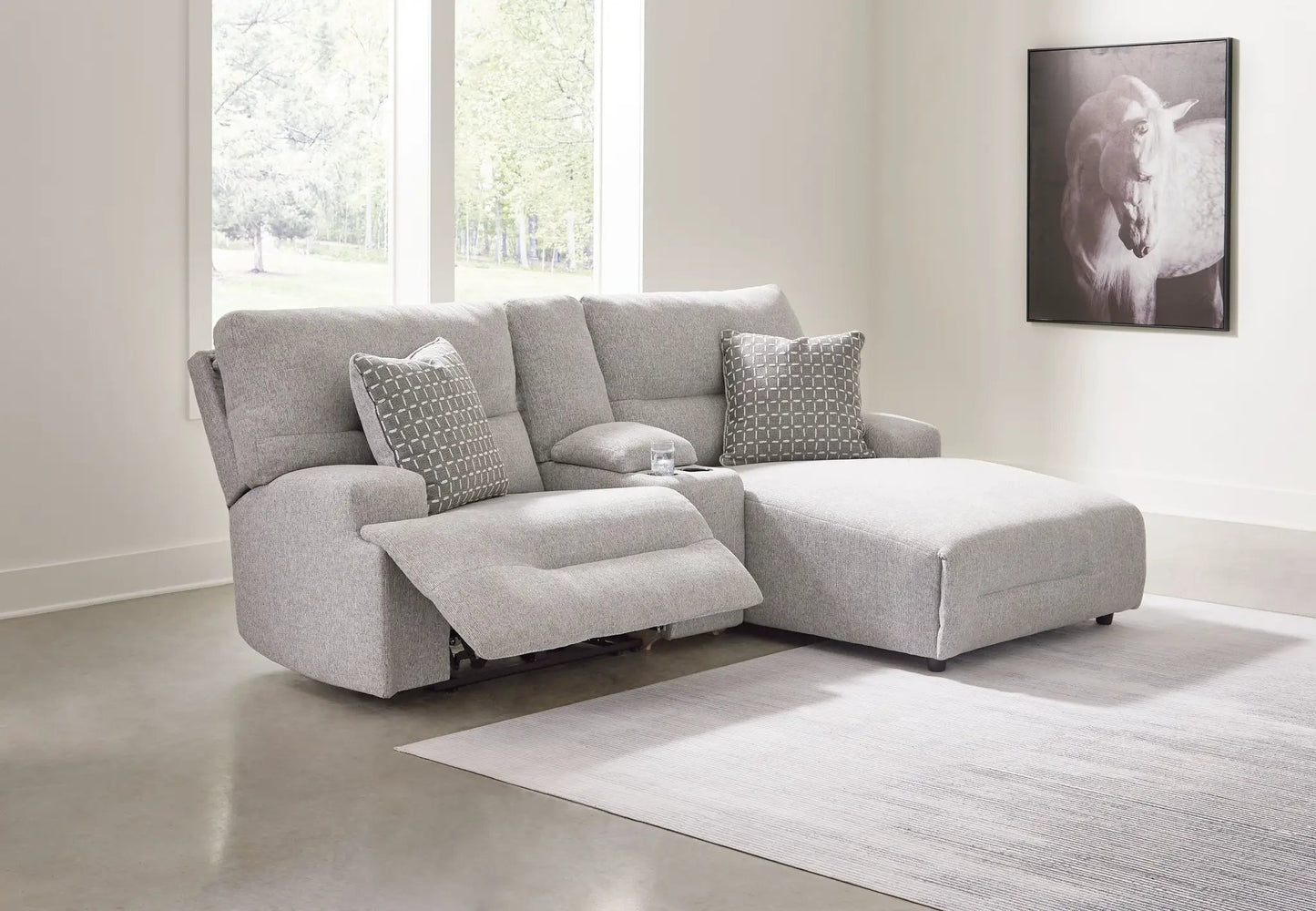 Acklen Place reclining sectional by Unique Piece Furniture in gray fabric with cushions on Tampa Home & Garden Store