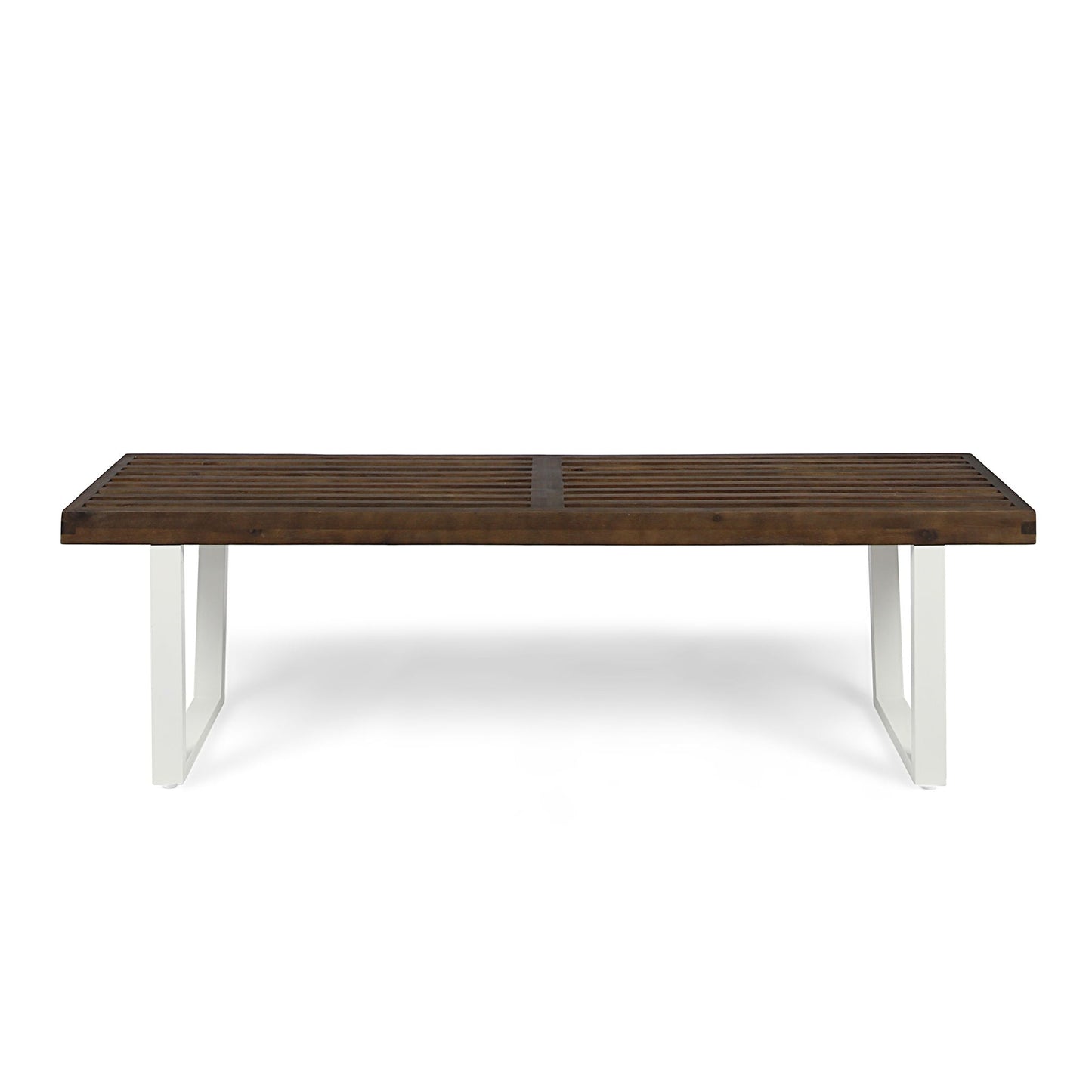 Intrinsic Outdoor Dining Bench With Slat Top, dark brown wood slats on white metal legs on Tampa Home & Garden Store