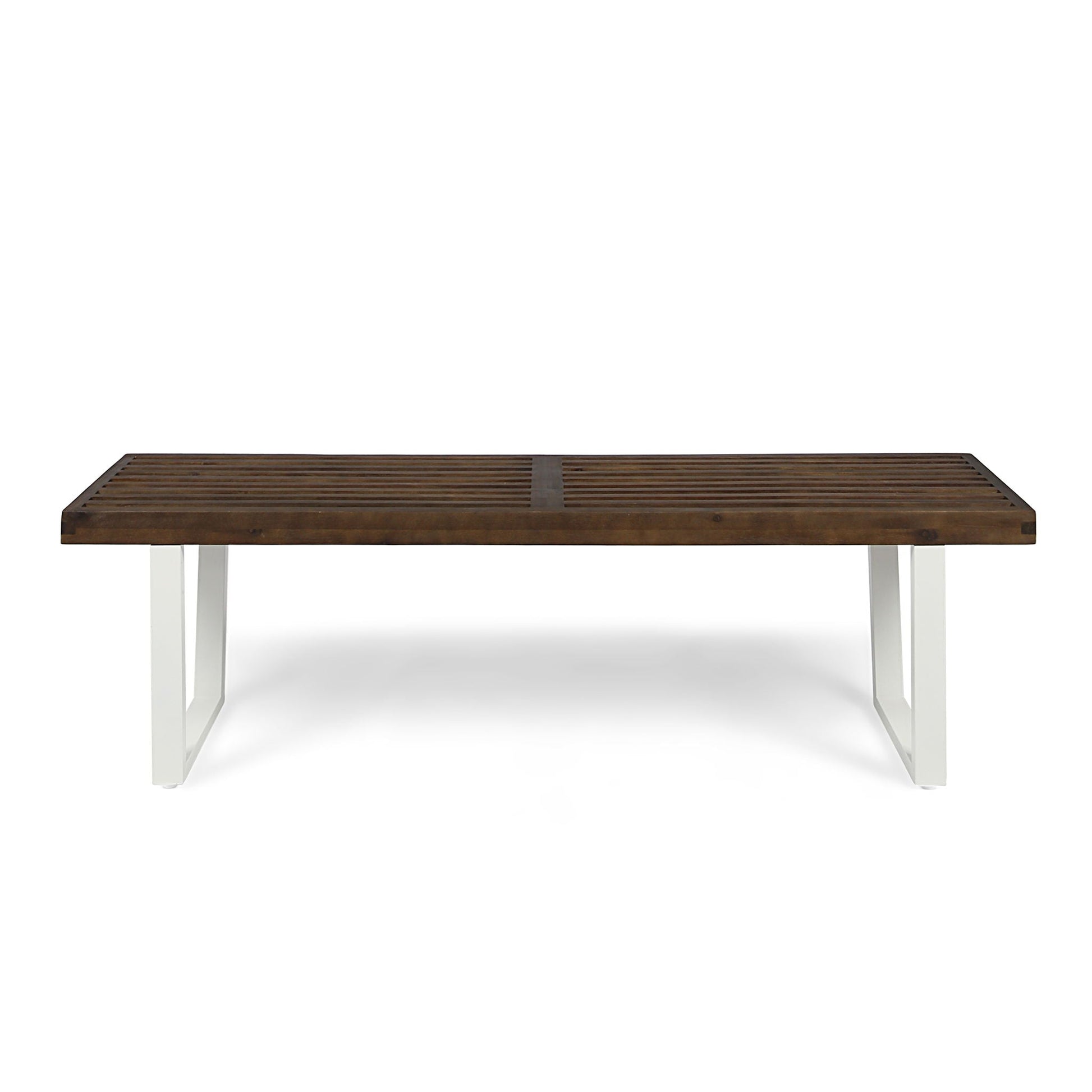 Intrinsic Outdoor Dining Bench With Slat Top, dark brown wood slats on white metal legs on Tampa Home & Garden Store