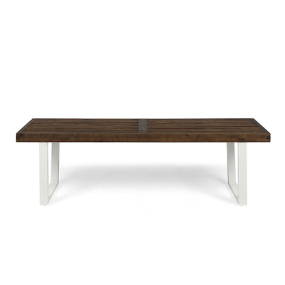 Intrinsic Outdoor Dining Bench With Slat Top, dark brown wood slats on white metal legs on Tampa Home & Garden Store
