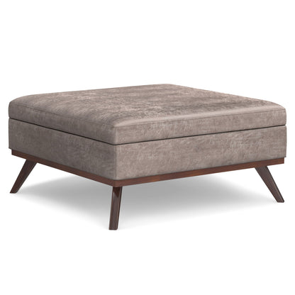 Square lift-top coffee table and storage ottoman in taupe velvet with wood legs on Tampa Home & Garden Store