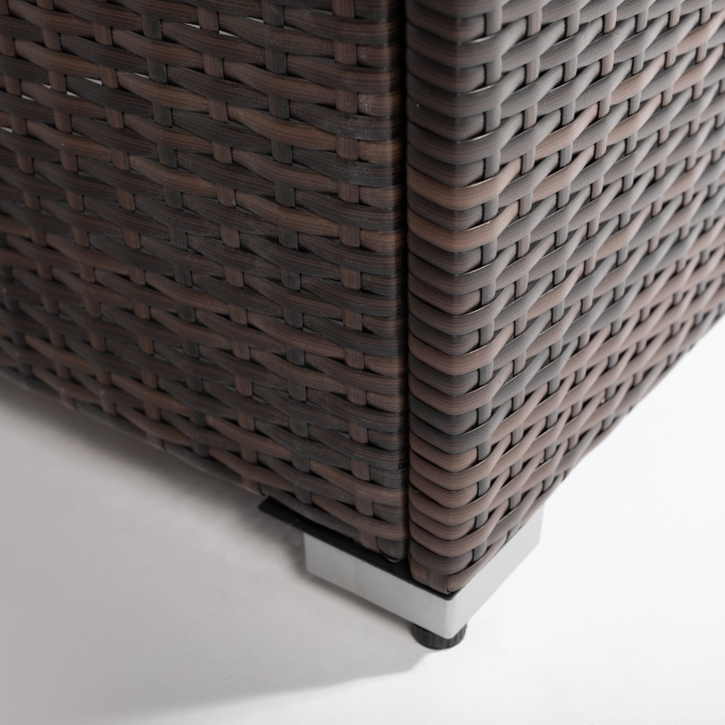 Fire pit table wicker base in dark brown, close-up of woven pattern and metal feet on Tampa Home & Garden Store