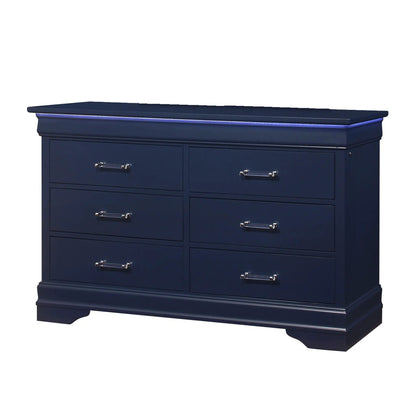 Charlston dresser with LED, navy blue finish, 6-drawer storage on Tampa Home & Garden Store