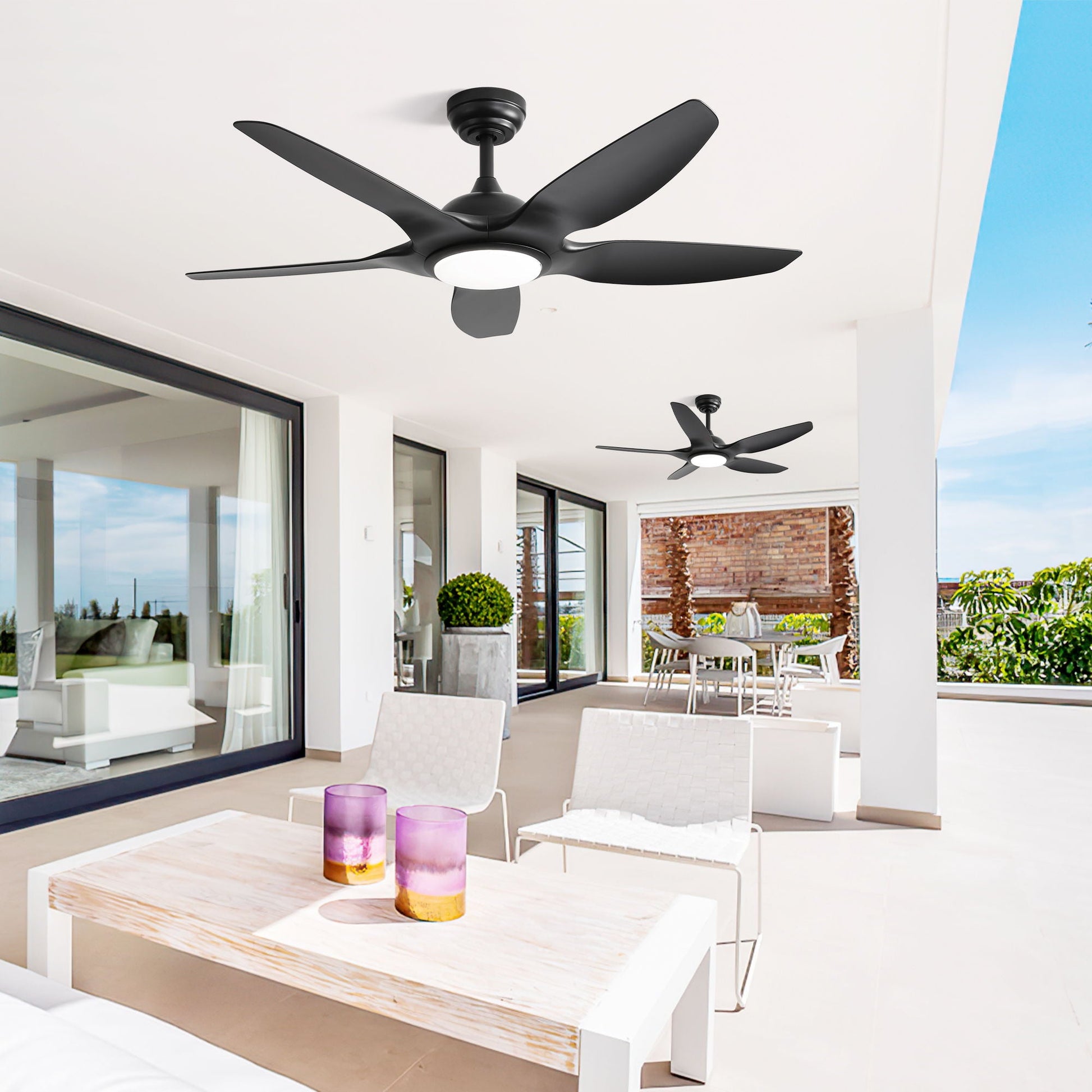 Two black 5-blade ceiling fans with dimmable LED lights and remote, DC motor, HouseOfZazla on Tampa Home & Garden Store