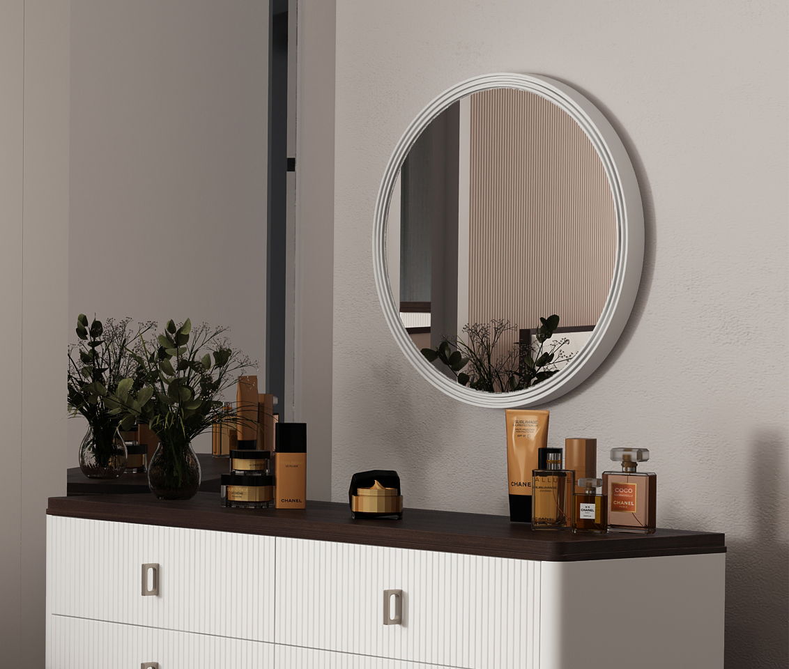 Carena round wall mirror with gray poplar frame above a dresser with perfume bottles on Tampa Home & Garden Store