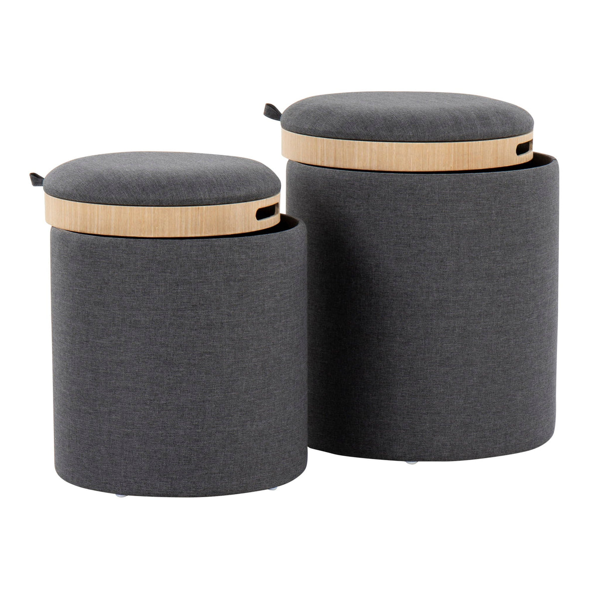 2-piece nesting ottoman set with flip-top trays in gray fabric and wood base HouseOfZazla on Tampa Home & Garden Store