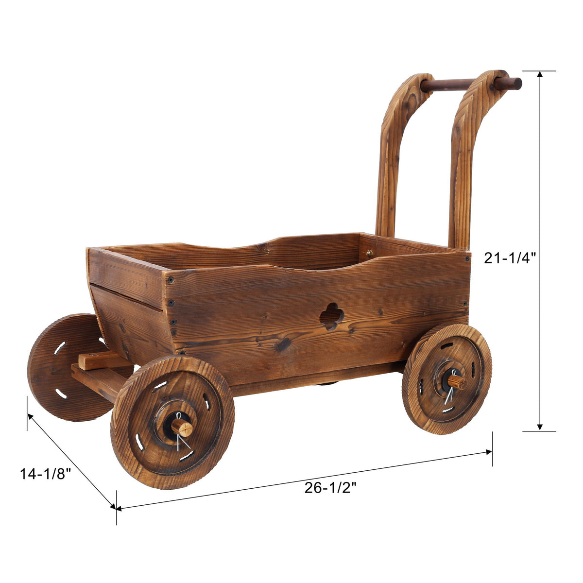 Wooden wagon planter box in brown with four wheels and drain holes, rustic style on Tampa Home & Garden Store