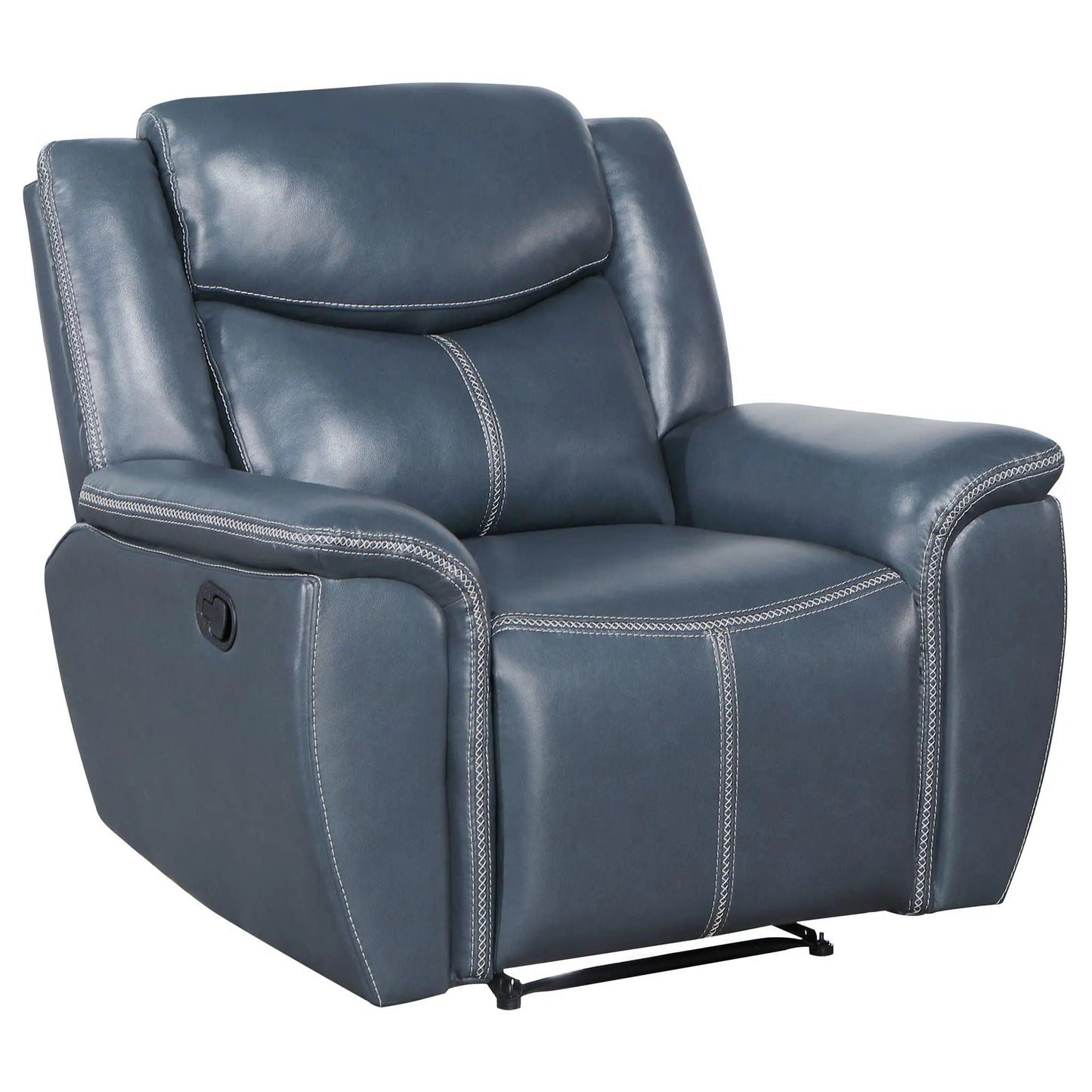 Brier upholstered padded arm recliner chair, blue, pillowtop arms, manual recline on Tampa Home & Garden Store