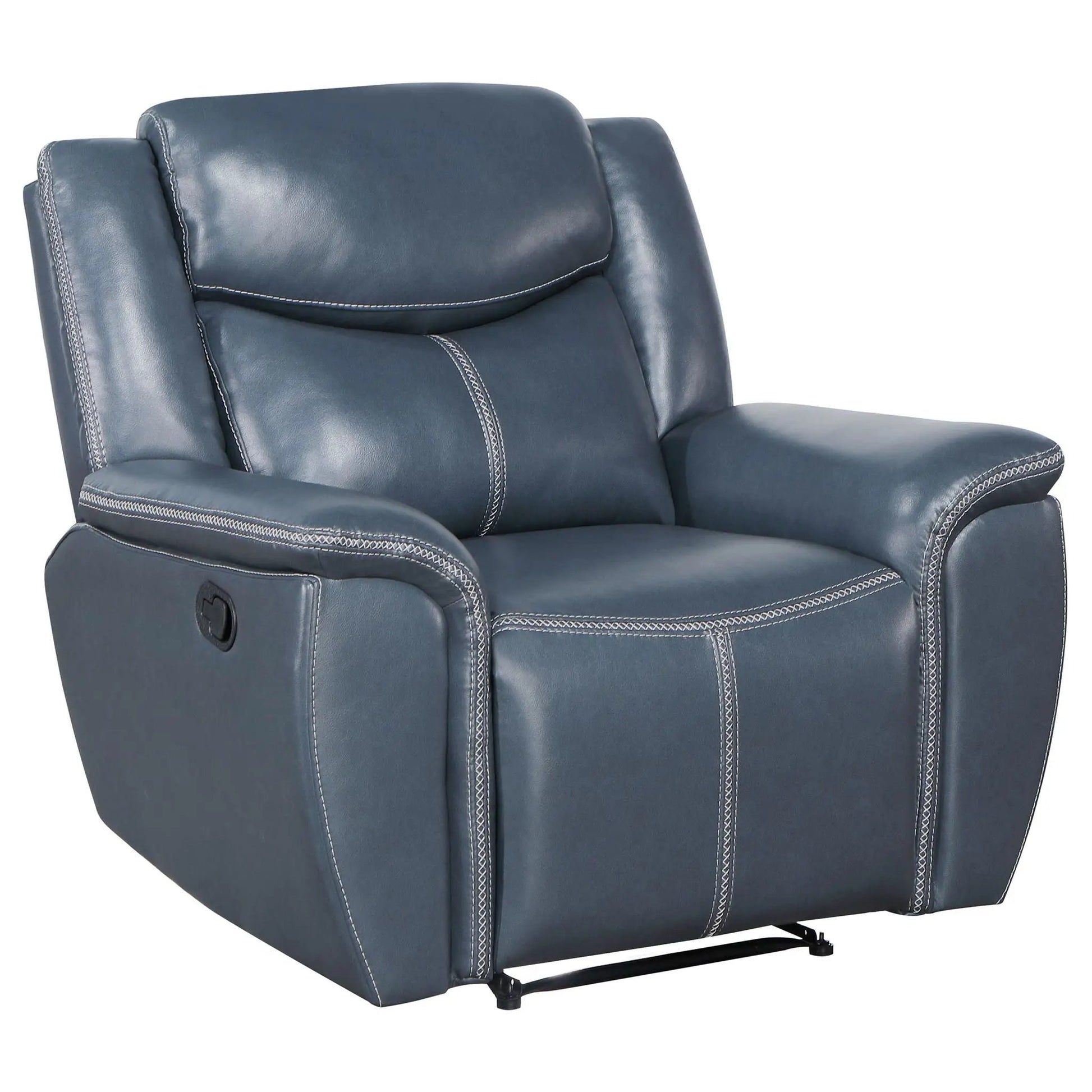Brier upholstered padded arm recliner chair, blue, pillowtop arms, manual recline on Tampa Home & Garden Store