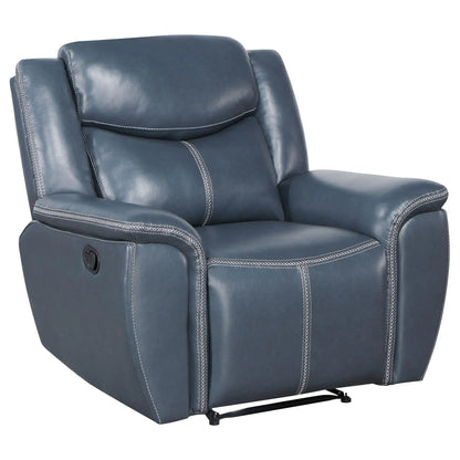 Brier upholstered padded arm recliner chair, blue, pillowtop arms, manual recline on Tampa Home & Garden Store