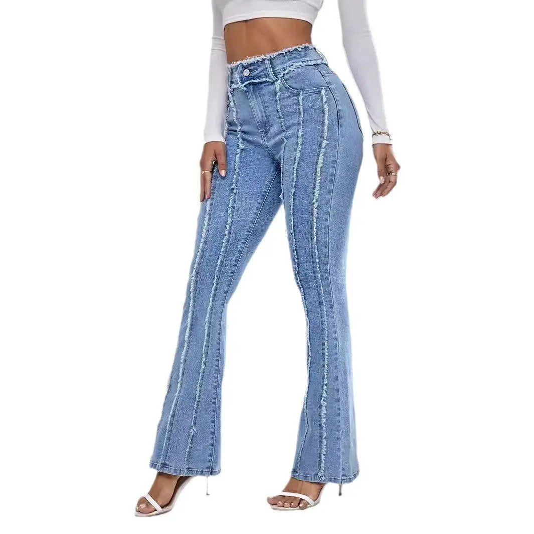 New Slightly Flared Wadding Edge Jeans, light blue denim with fringe seams FLIPSTYLEZLLC on Tampa Home & Garden Store