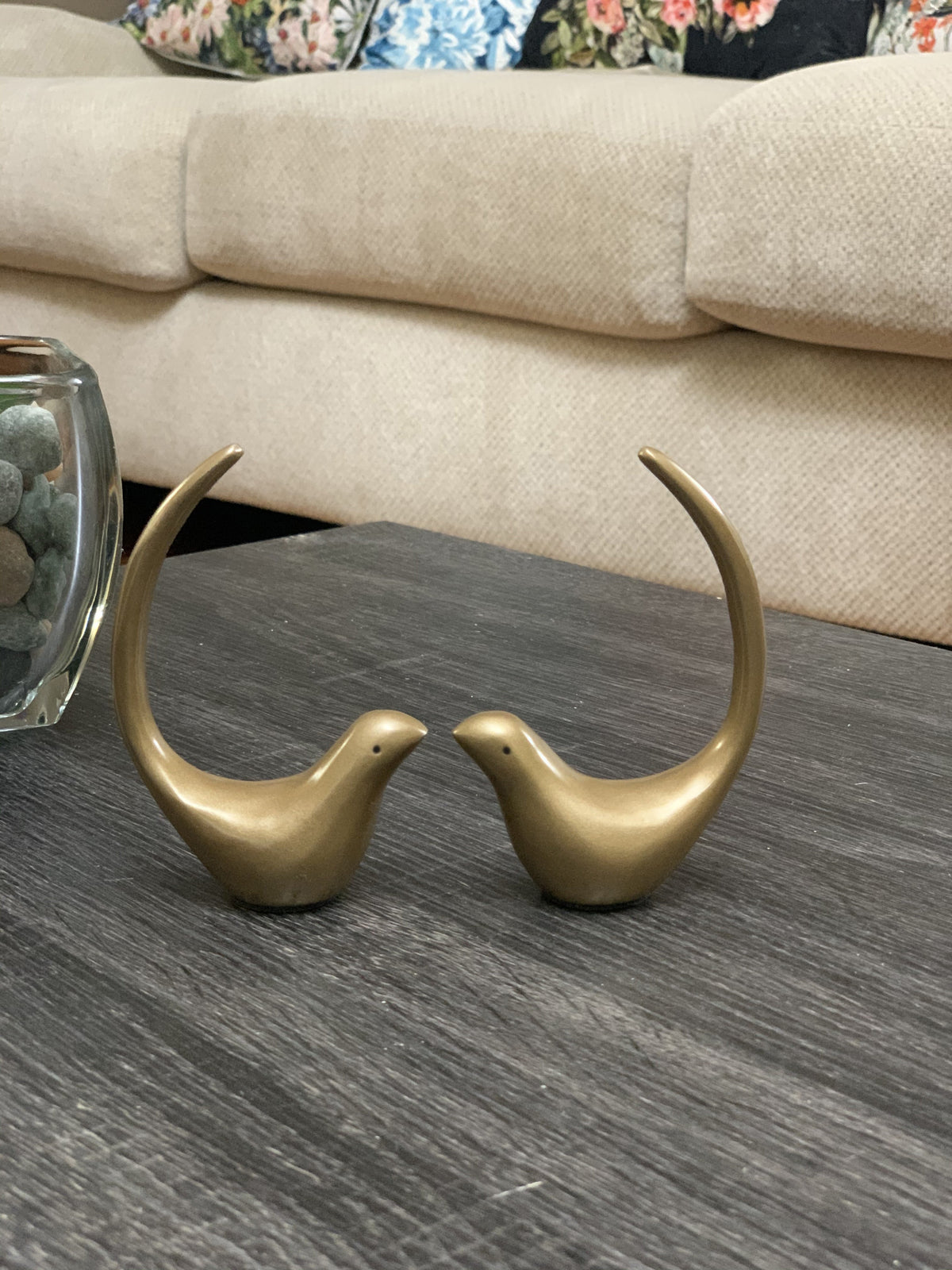 Vibhsa Marigold Bird Ring Holder set of 2, gold metal bird figurines on dark wood surface on Tampa Home & Garden Store