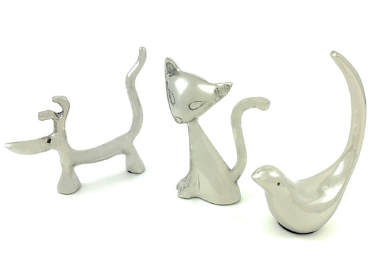 Vibhsa silver dog cat bird ring holders set with three animal figures and curved stands on Tampa Home & Garden Store