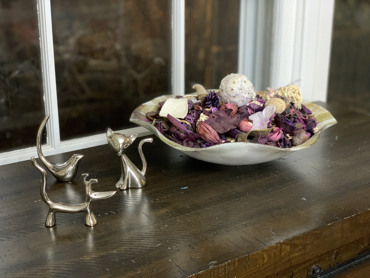 Vibhsa silver dog cat & bird ring holders set with three animal sculptures on a dark wood surface on Tampa Home & Garden Store