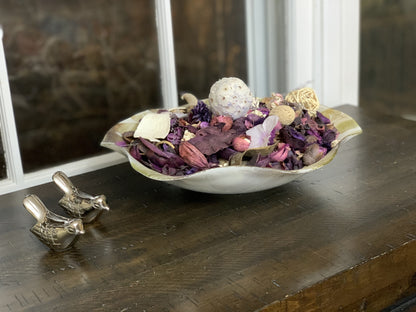 Vibhsa Bird Figurines silver rustic finish with dried purple potpourri centerpiece in dish on Tampa Home & Garden Store