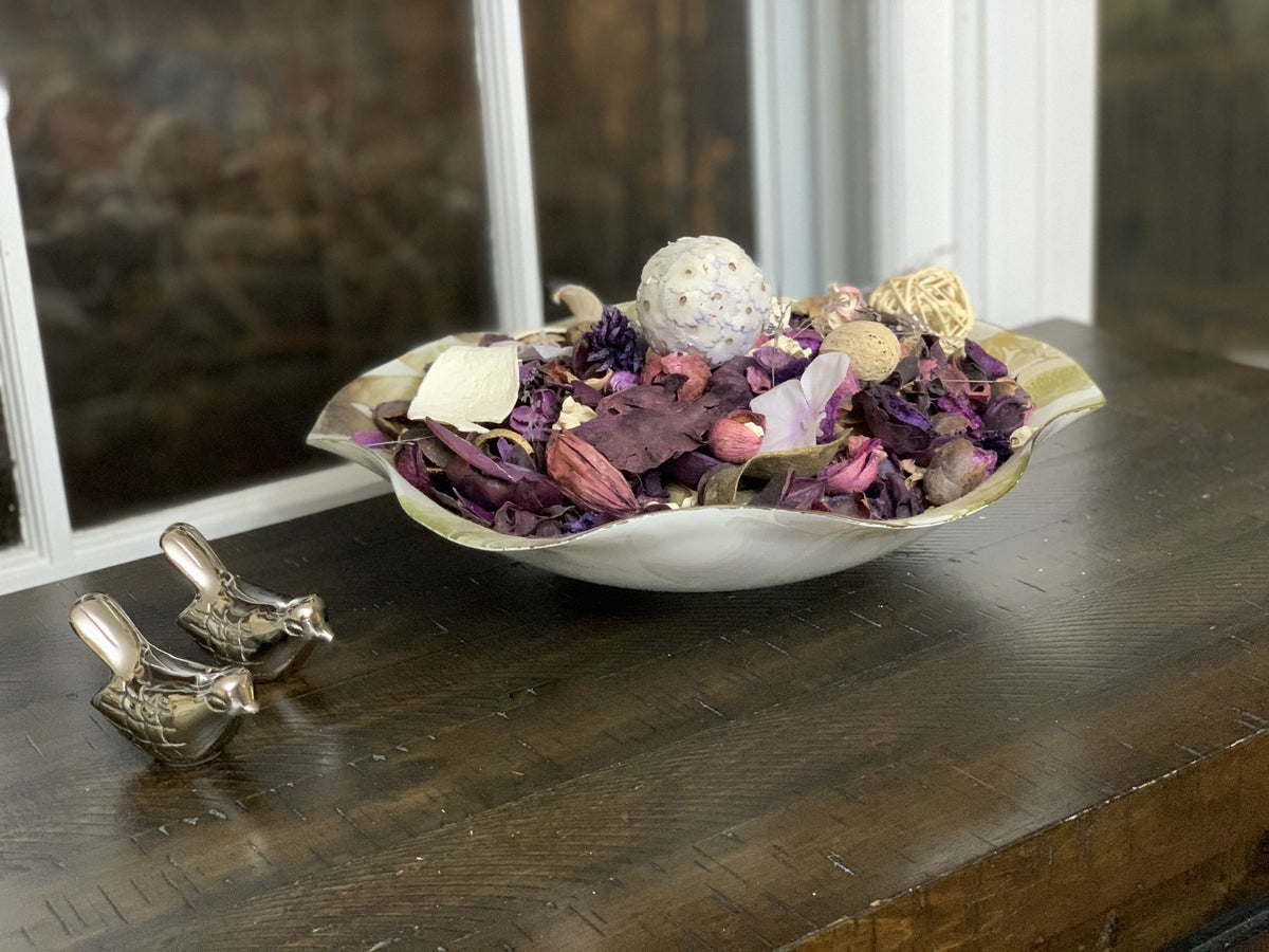Vibhsa Birds of Health and Happiness set of 2 silver bird figurines on decorative dish with dried potpourri on Tampa Home & Garden Store
