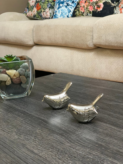Vibhsa silver rustic pair of bird figurines on dark wood table beside glass succulent planter on Tampa Home & Garden Store