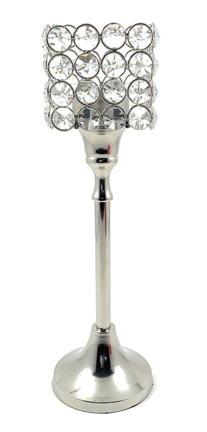 Vibhsa Hurricane Crystal Candle Holder square 10in with 16 round crystals on metal stem on Tampa Home & Garden Store