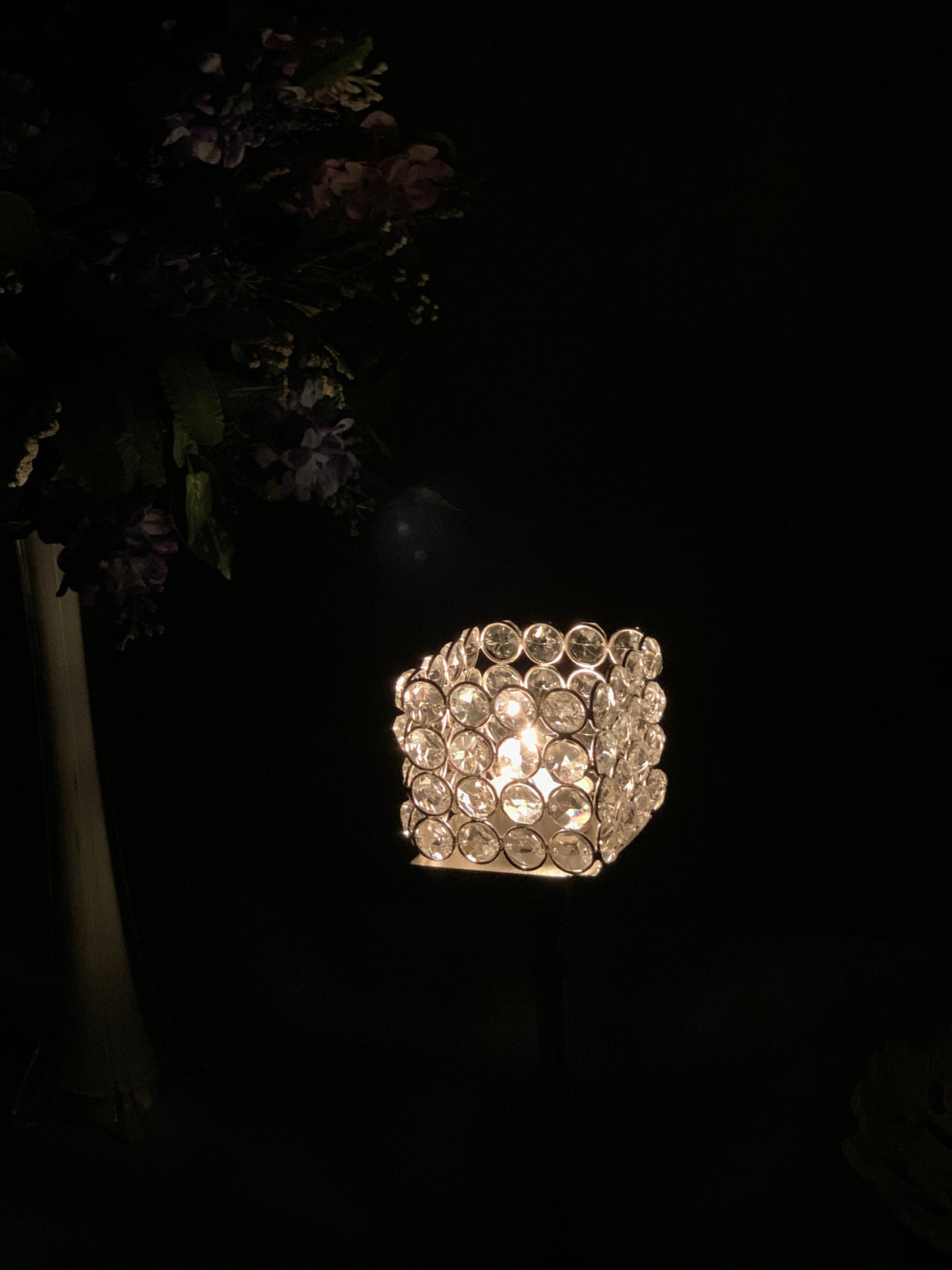 Vibhsa hurricane crystal candle holder, square 10in tealight centerpiece with glass crystal discs on Tampa Home & Garden Store