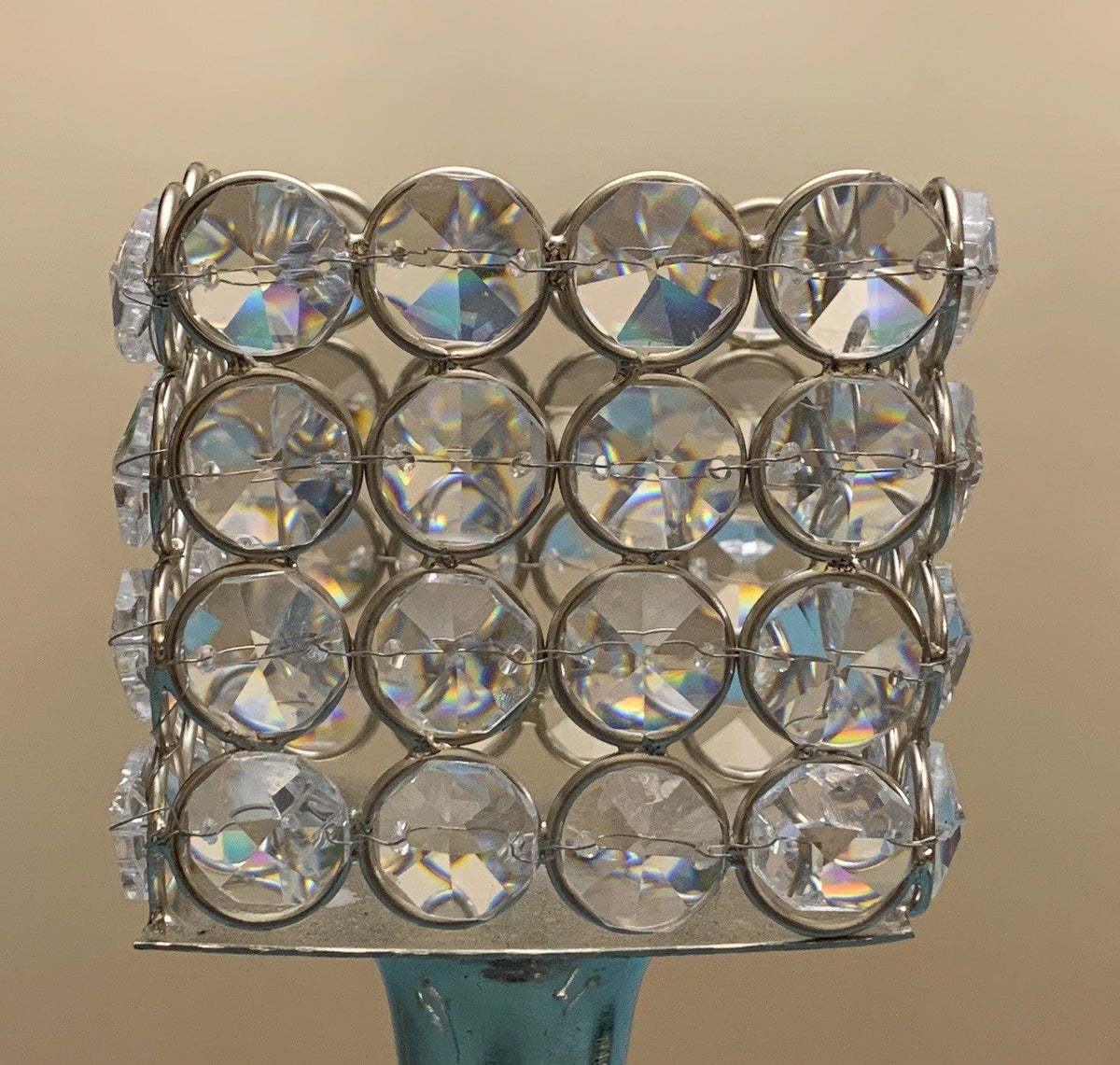 Vibhsa hurricane crystal candle holder, square grid of round faceted crystals in metal rings on Tampa Home & Garden Store