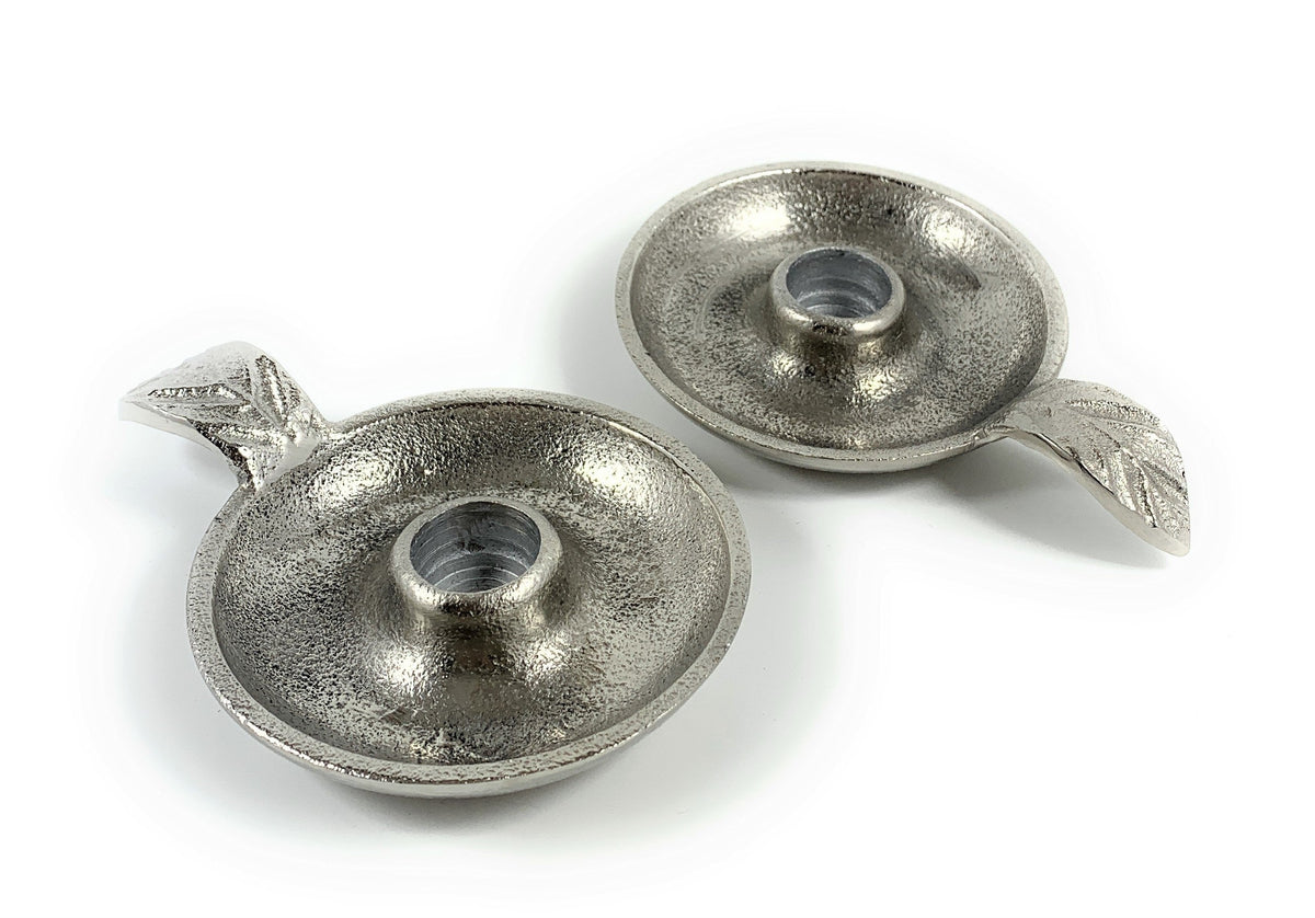 Vibhsa Silver Taper Candlestick Holder Dish set of 2 with leaf handle, rustic aluminum on Tampa Home & Garden Store
