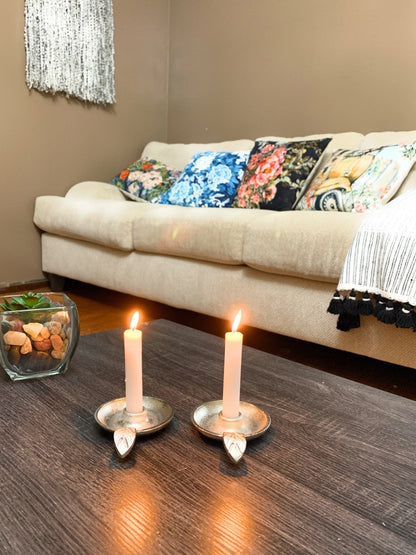 Vibhsa silver taper candlestick holders with leaf handles, rustic aluminum, set of 2 on Tampa Home & Garden Store